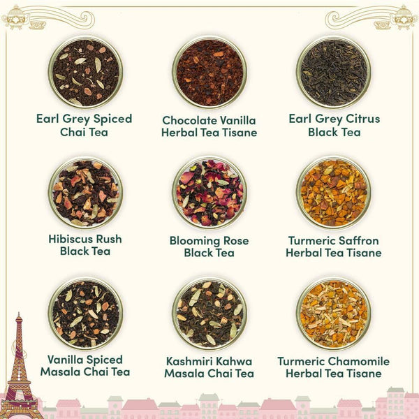 VAHDAM, Weekend in Paris Tea Gift Set - 9 Assorted Teas | Travel Edition Gift Box | Natural Ingredients Luxury Tea Set | Gluten Free, Non-Gmo
