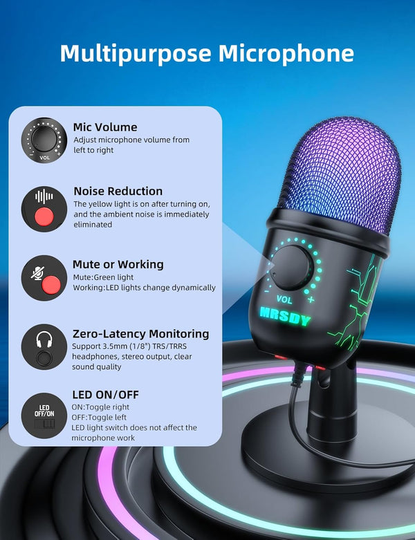 Gaming Microphone, USB Computer Microphone for PC, Mac, PS4/5, Condenser Podcast Mic for Studio Recording, Youtube, Streaming, with Headphone