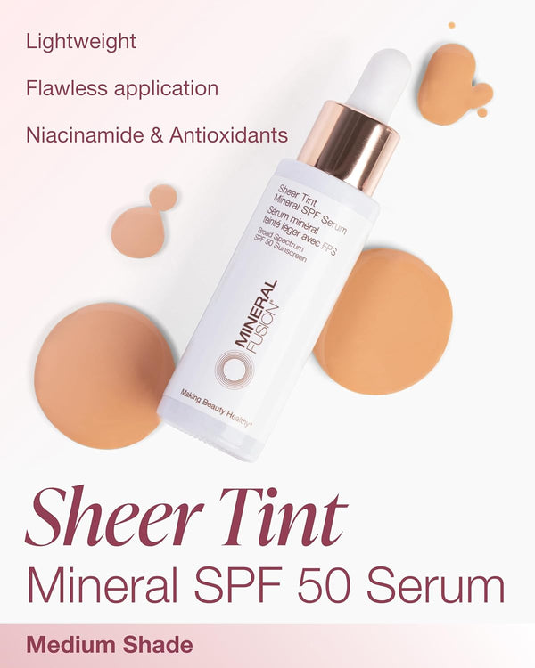 Mineral Fusion Face Serum, Sheer Tint Mineral SPF Serum, 1 Fl Oz, Medium, Tinted Broad Spectrum SPF 50 Mineral Sunscreen, Sheer Coverage,
