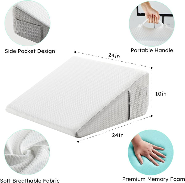 Wedge Pillow, 10 Inch Bed Wedge Pillow for Headboard, Pillow Wedge for Acid Reflux Relief, Sleeping, Back Pain Relief, Snoring, Triangle Pillow
