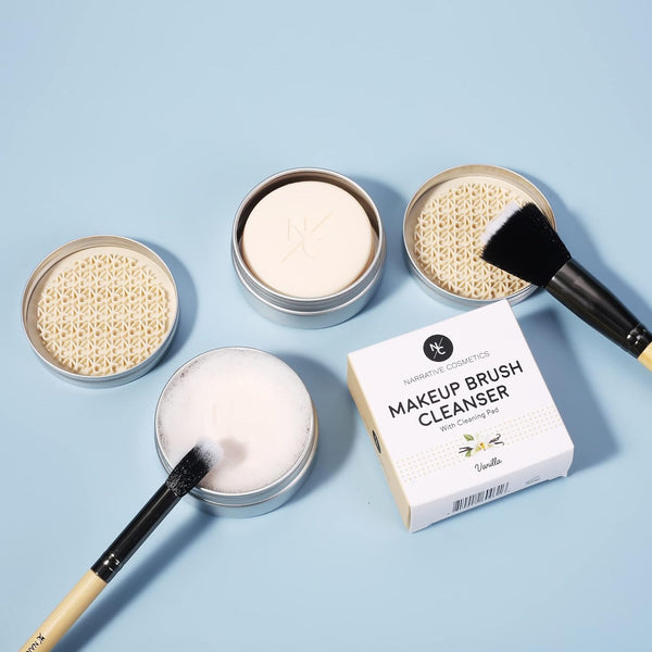 Solid Makeup Brush Cleanser Soap with Silicone Cleaning Pad, Cleans Natural & Synthetic Brushes, Vegan, Cruelty-Free, Natural Ingredients, Vanilla