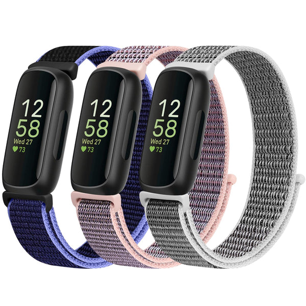 Nylon Bands Compatible with Fitbit Inspire 3/2/Hr/Ace 3/2, Breathable Sport Replacement Straps, Soft Adjustable Solo Loop, New Midnight Blue+Pink