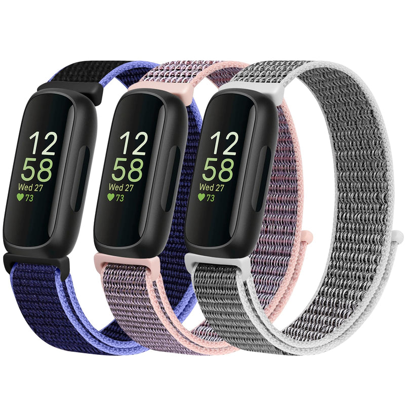 Nylon Bands Compatible with Fitbit Inspire 3/2/Hr/Ace 3/2, Breathable Sport Replacement Straps, Soft Adjustable Solo Loop, New Midnight Blue+Pink