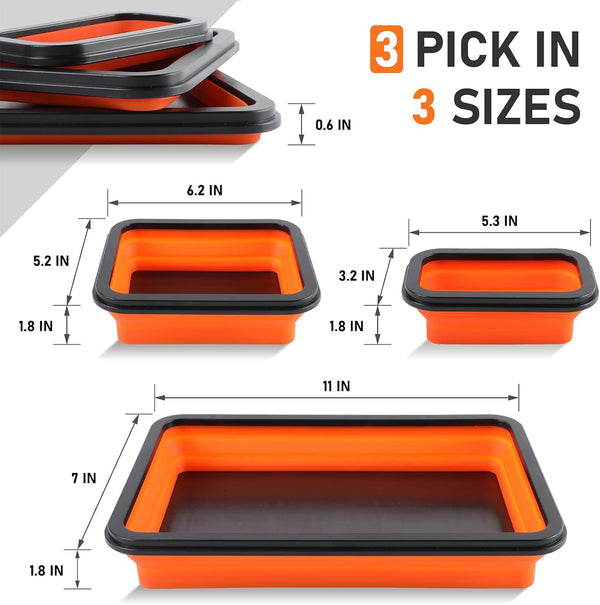 Tahoe Trails Magnetic Tray 3-Piece, Magnetic Parts Tray for Screws, Bolts, Nuts and Other Small Metal Parts and Tools, Tool Tray for Mechanics, Orange