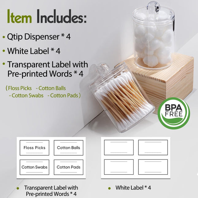 4 Pack Acrylic Qtip Holder Dispenser for Cotton Swabs, Balls, Pads, Floss Picks- Small Clear Plastic Canister Apothecary