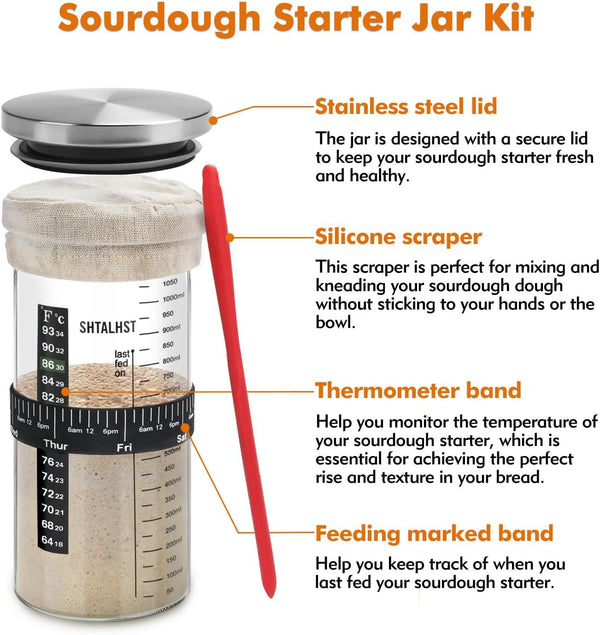 Sourdough Starter Jar Kit-1100Ml/39Oz, Sourdough Starter Kit, Sour Dough Starter Jar with Stainless Steel Lid, Thermometer, Silicone Scraper,
