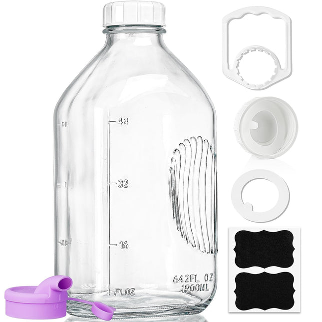 64 Oz Heavy Duty Glass Milk Bottle with Reusable Airtight Strong SCREW LID - 1/2 Gallon Water Bottles with Scale Lines -