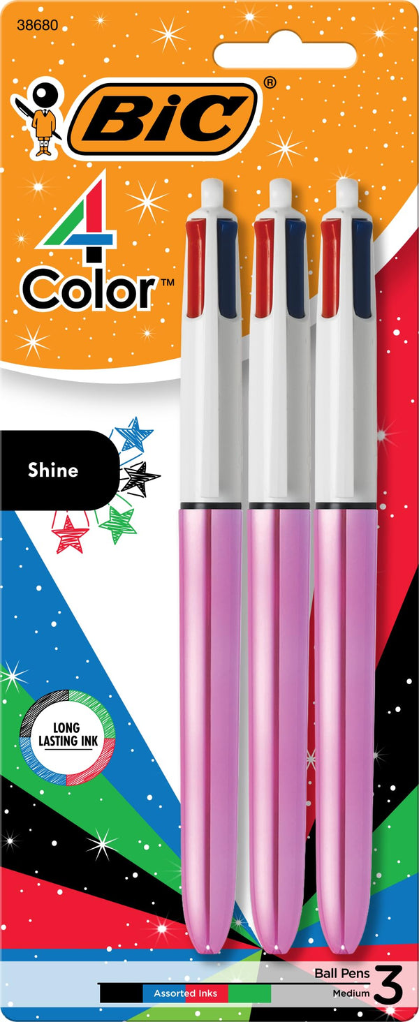 BIC 4-Color Shine Retractable Ballpoint Pen, Versatile 1.0 Mm Medium Point, Long-Lasting Ink, 3-Count Pack in Assorted Ink