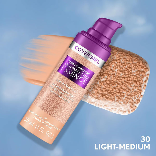 Covergirl Simply Ageless Skin Perfector Essence Foundation, 30 Light-Medium,Tinted Skincare Makeup Hybrid, Sheer Tint, Radiant Finish, Glowy
