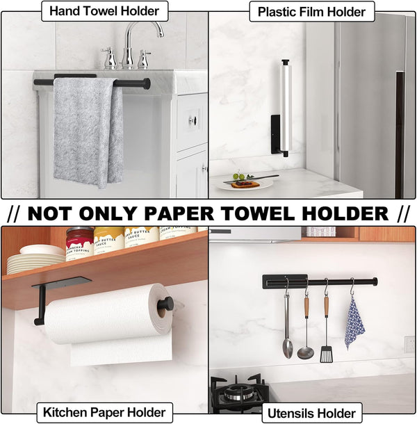 Paper Towel Holder - Self-Adhesive or Drilling, Matte Black Wall Mounted Rack - SUS304 Stainless Steel Kitchen Roll Dispenser under Cabinet