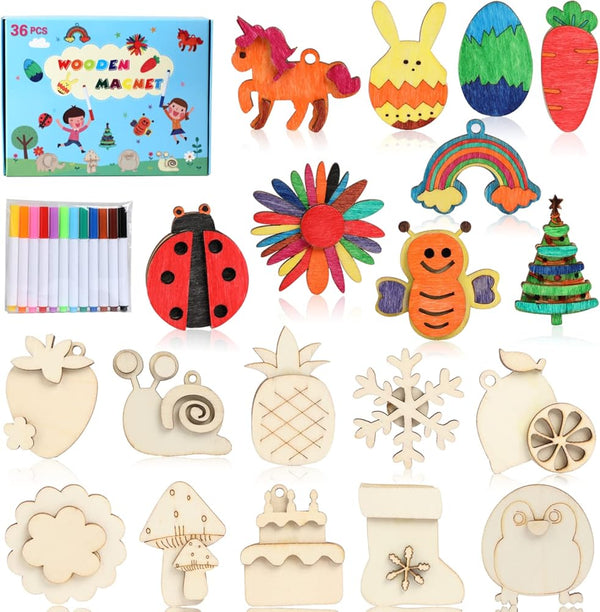 Worgree DIY Wooden Magnets, 36 Pcs Wooden Art Craft Supplies Painting Kit for Kids Party Favors for Boys Girls Ages 4-8 8-12 Birthday Easter