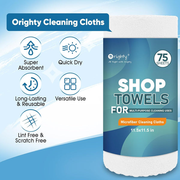 Orighty Microfiber Cleaning Cloths, 75 Sheets Shop Towels, Reusable Paper Towels Shop Rags, Washable Microfiber Towel Roll Cleaning Rags for Cars,
