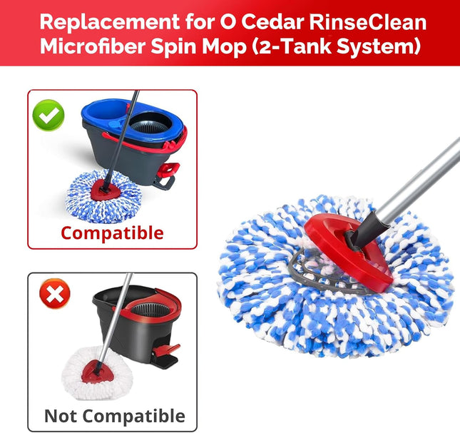 Spin Mop Head, Base, Handle Replacement for O-Ceda RinseClean 2 Tank System,4 Microfiber Mop Refills, 1 Base and 30-58in