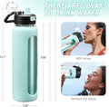 Kodrine 32 Oz Glass Water Bottle with Straw and Carry Loop, One-Touch Leakproof Locking Lid, Reusable Drinking Bottle with Time Marker for Travel