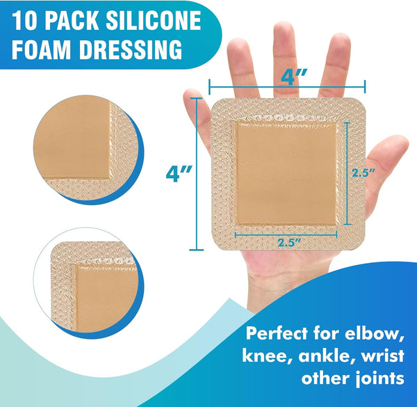 General Medi Waterproof Silicone Foam Island Dressing (10 Packs) â 4" X 4" Sterile Wound Care Pad with Adhesive Border - Sterile, Soft & Highly