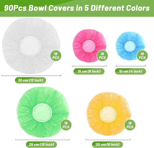 90Pcs Reusable Elastic Food Bowl Storage Covers, Sublaga Bowl Covers, Variety of 5 Translucent Stretchable Sizes and Colorful Dish Plate Covers,