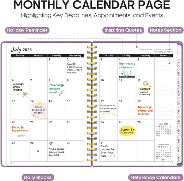 Planner 2025-2026, Academic Year Weekly and Monthly Calender Planner, July 2025 - June 2026, Spiral Bound School Planning Tool, Perfect for