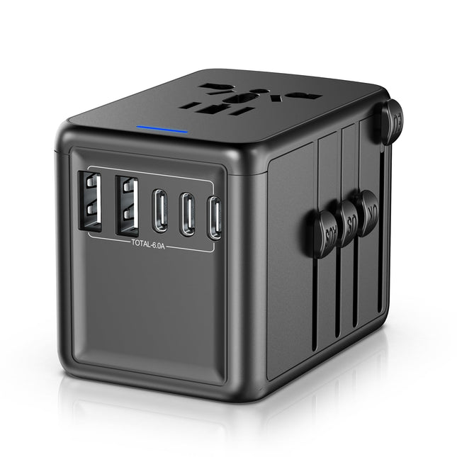 Universal Travel Adapter, 6.0A 30W 5 USB C/A Ports + 2500W AC Outlets, International Power Adapter for All USB Devices, 