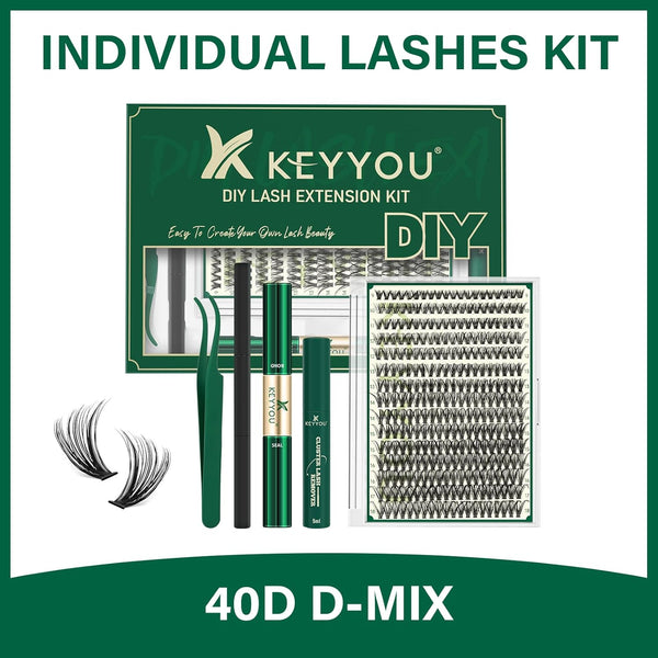 DIY Lash Extension Kit KEYYOU 300Pcs Individual Eyelash Extension Kit 40D 0.07D Curl 9-18MIX Lash Clusters Kit with Lash Glue Remover Applicator