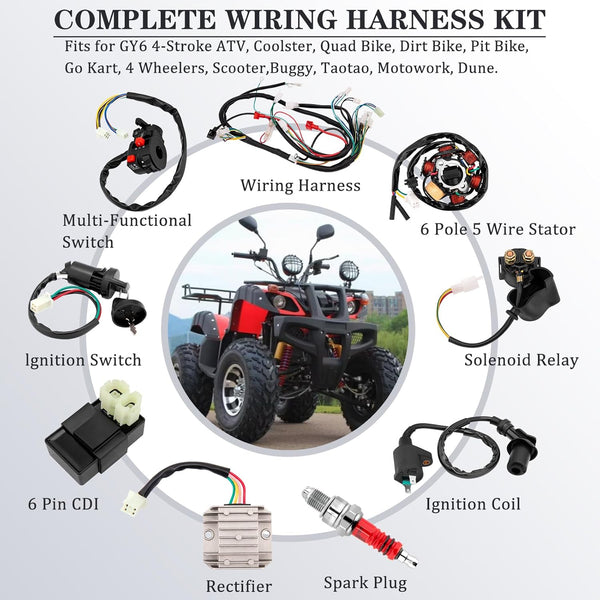 Complete Wiring Harness Kit for ATV Quad 4 Stroke 50Cc 70Cc 90Cc 110Cc 125Cc Pit Quad Dirt Bike Go Kart Quad Wire Harness Complete Electrics