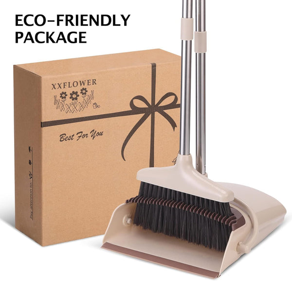 Broom and Dustpan Set with Long Handle, Light Weight Stainless Steel Poles Stand Upright Dustpans with Broom Combo for Home Kitchen Office Pet Dog