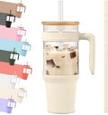 Tronco 40 Oz Glass Tumbler with Straw and Lid, Reusable Glass Tumbler with Handle, Iced Coffee Cup with Bamboo Lid, Glass Water Bottles Fit in Cup