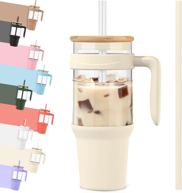 Tronco 40 Oz Glass Tumbler with Straw and Lid, Reusable Glass Tumbler with Handle, Iced Coffee Cup with Bamboo Lid, Glass Water Bottles Fit in Cup