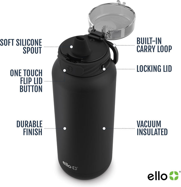 Ello Cooper 32Oz Stainless Steel Water Bottle with Straw and Carry Handle, Double Walled and Vacuum Insulated Metal, Leak Proof Locking Lid with