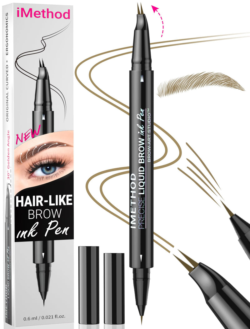 Imethod Curved Eyebrow Pen - Eyebrow Pencil, Brow Pencil 2-In-1 Dual-Ended Microblading Eyebrow Pen with Micro-Fork-Tip and Precise Brush-Tip
