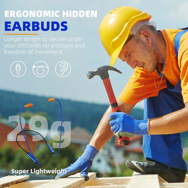 Ear Plugs Bluetooth Headphones for Work, Neckband Wireless Earbuds, Noise Reduction In-Ear Earphones with Mic and Controls, Waterproof Earbuds