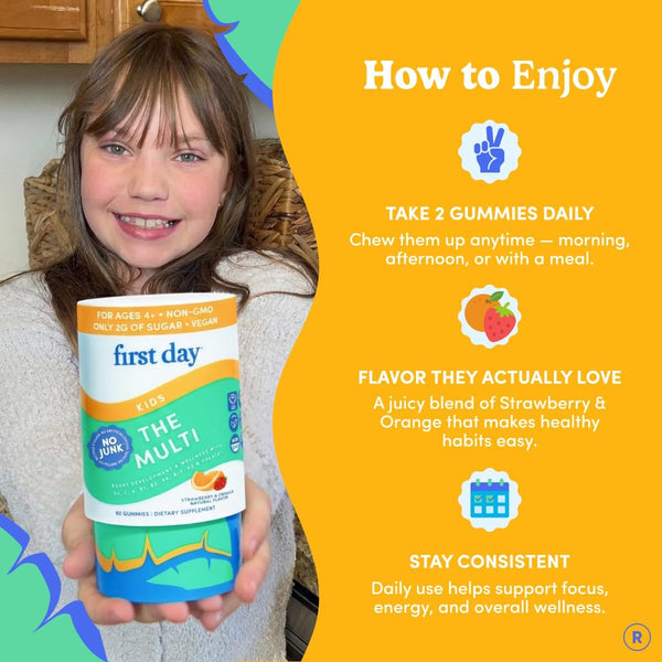 First Day Kids Multivitamin Gummies - Multivitamin for Kids Ages 4+, Delicious Strawberry & Orange, Beta Carotene, Fruit & Vegetables - Childrens