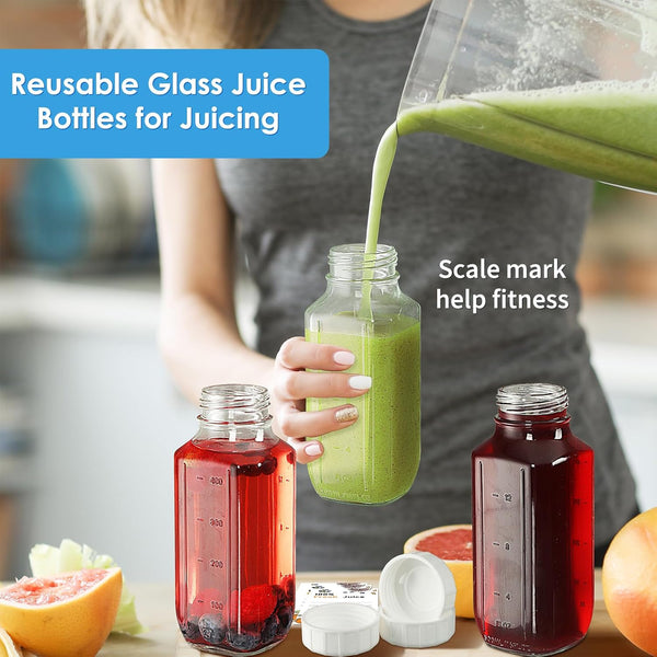 6 Pack 16 Oz Glass Juice Bottles W Pour Spout, 100% Airtight Heavy Duty SCREW Lid- Reusable Glass Milk Bottles W Capacity Mark, Square Drinking
