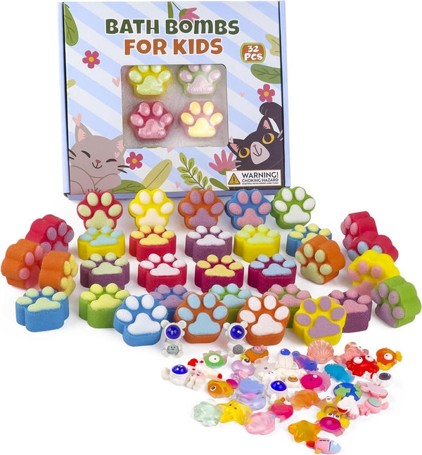 Bath Bombs for Kids with Surprise Inside, 32 Pack Paw Bath Bombs with Toy, Ocean Animals and Space Planet Toys SPA Fizzy Handmade Natural Bath