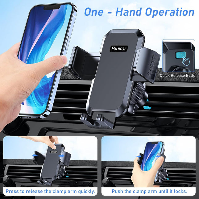Car Phone Holder Mount, Super Stable Air Vent Cell Phone Car Mount with 2025 Metal Hook Clip, 360Â° Rotation,One Button 