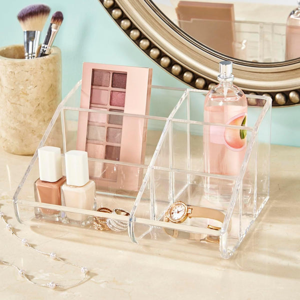 Stori Clear Plastic Vanity Makeup Organizer | 6-Compartment Holder for Brushes, Eyeshadow Palettes, & Beauty Supplies | Curved Front Design | Made