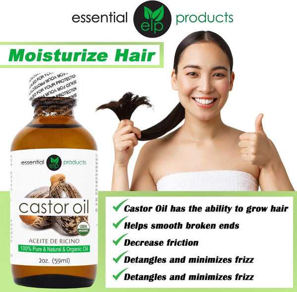 ELP Pure Organic Castor Oil - Promotes Hair, Eyebrow and Eyelash Growth - Diminishes Wrinkles and Signs of Aging - Hydrates and Nourishes Skin -