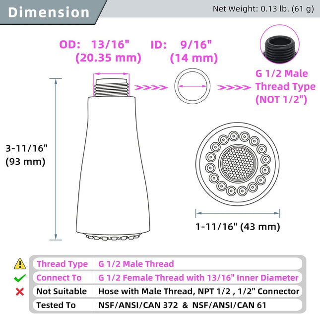 Angle Simple Kitchen Faucet Head Replacement, Sink Faucet Sprayer Attachment, Stream Spray and Pause Mode, Brushed Nicke