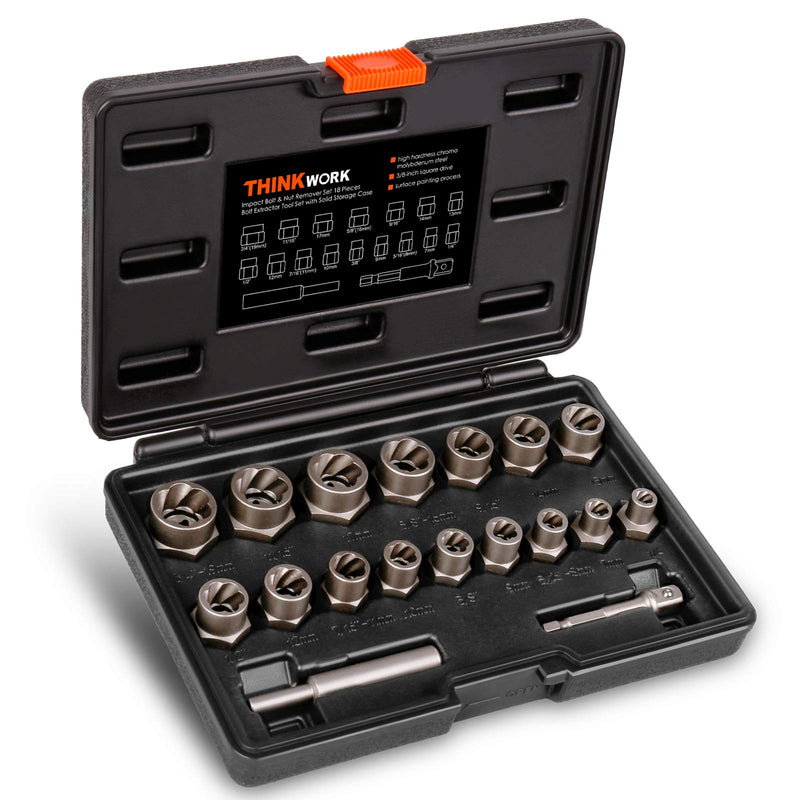 THINKWORK Bolt Extractor Kit, 18-Piece Nut Extractor Socket Set, 3/8" Drive Rounded Bolt Remover, Lug Nut Removal Tool for Damaged, Rusted,
