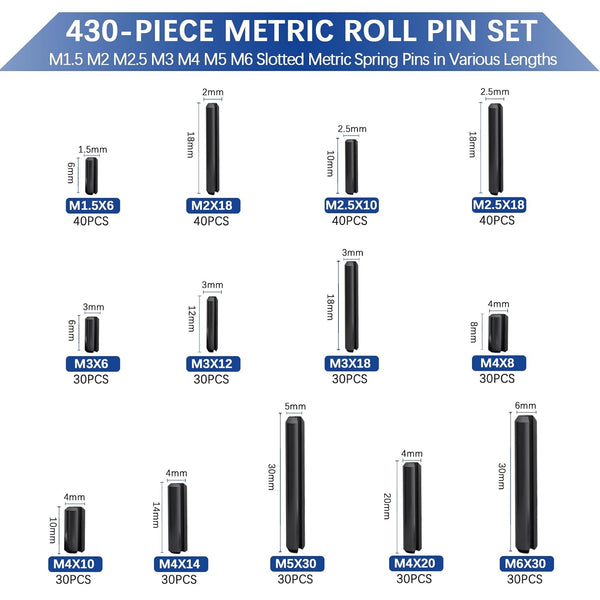 430 Pcs Roll Pin Set, Slotted Metric Spring Pins, Steel Split Expansion Pin M1.5 M2 M2.5 M3 M4 M5 M6, Spring Dowel Tension Roll Pins for Home