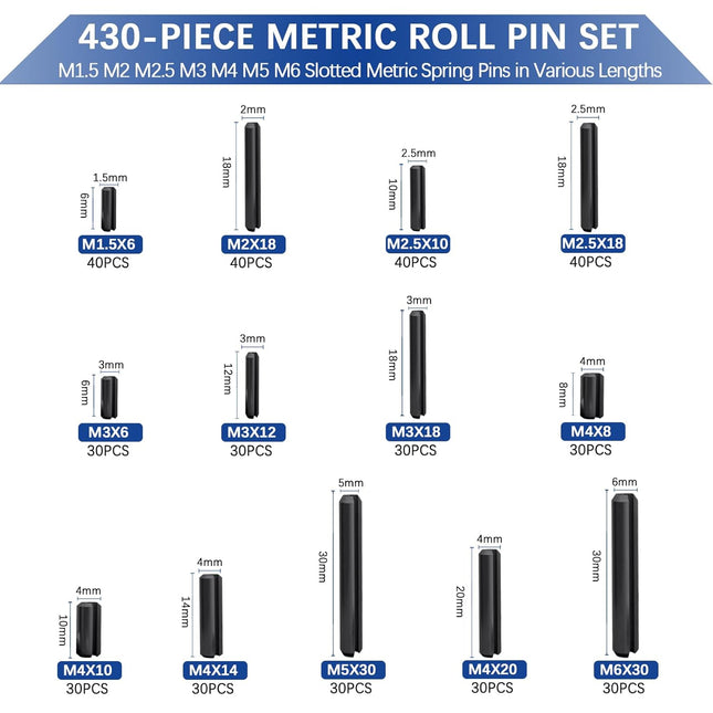 430 Pcs Roll Pin Set, Slotted Metric Spring Pins, Steel Split Expansion Pin M1.5 M2 M2.5 M3 M4 M5 M6, Spring Dowel Tensi