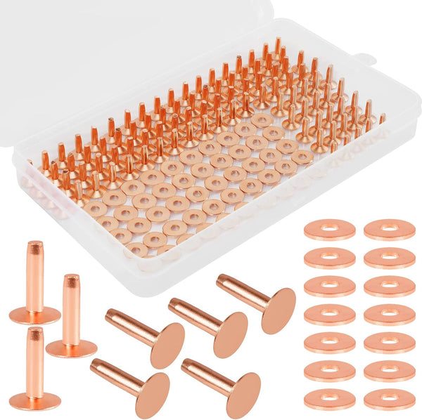 Junesunshine 154Pcs Copper Rivets for Leather, 2 Smooth Leather Rivets without Pattern, Pure Copper Rivets and Burrs for Leather Work Jeans