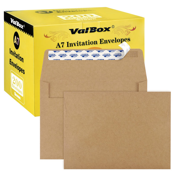 Valbox 200 Qty A7 Invitation Envelopes 5 X 7, 120GSM Brown Kraft Paper Envelopes for 5X7 Cards, Self Seal, Weddings, Invitations, Baby Shower,