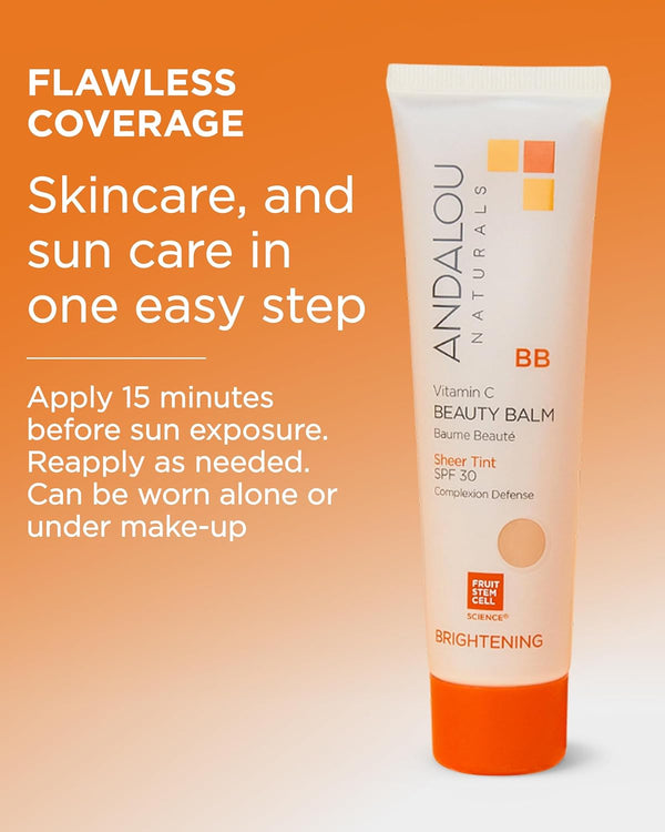 Andalou Naturals Vitamin C BB Beauty Balm Sheer Tint SPF 30, 2-In-1 BB Cream & Face Sunscreen with Broad Spectrum Protection, Mineral Sunscreen