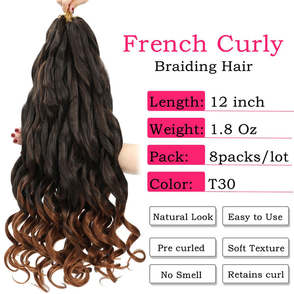 French Curly Pre-Stretched Braiding Hair 12 Inch 8 Packs - Bouncy Loose Wavy Synthetic Extensions for Black Women (1B/30)
