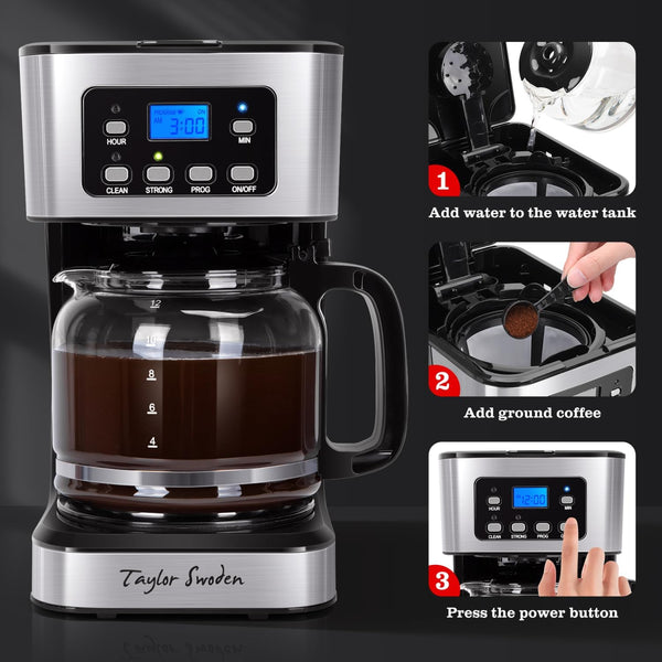Taylor Swoden 12-Cup Programmable Coffee Maker, Regular & Strong Brew Drip Coffee Machine for Home and Office, Glass Carafe, Pause & Serve, Auto