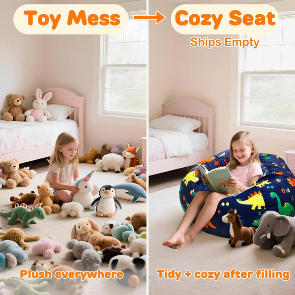 Lukeight Stuffed Animal Storage Bean Bag Chair Cover (No Filling) for Kids, Dinosaur Zipper Beanbag Chair Cover for Organizing Toddler and Kids