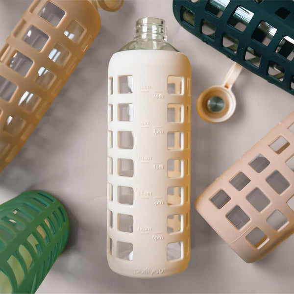 Purifyou 40/32/22/12 Oz Borosilicate Glass Water Bottles with Volume Markers, Silicone Sleeve, Stainless Steel Lid, Reusable Bottle for Water,