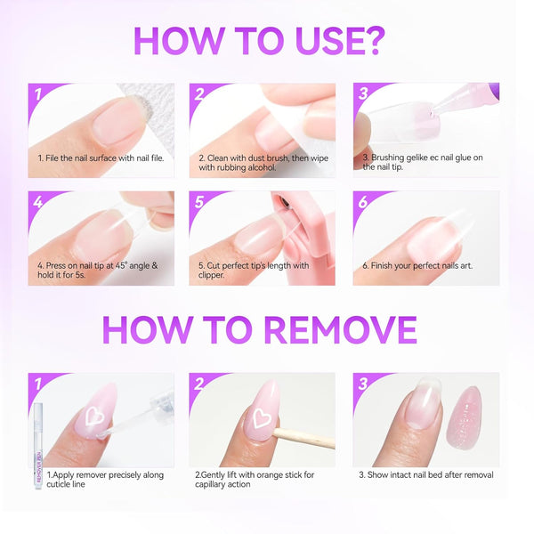 Gelike EC Peachy Jelly Nail Glue Gel - 6 in 1 Extra Strong Clear Acrylic Nails - Long Lasting Extension Adhesive UV Nude Pink Nail Glue for Clear