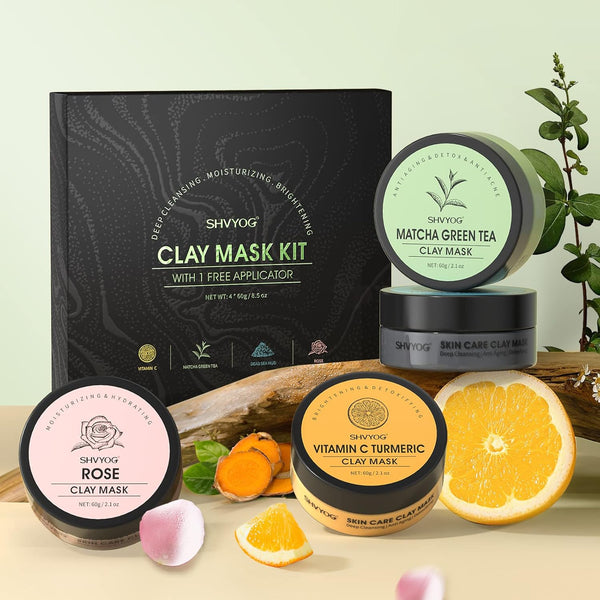 4 Pcs Clay Facial Mask Set - Turmeric, Vitamin C, Green Tea, Dead Sea Mud, and Rose Clay Skin Care Mask for Deep Cleansing, Moisturizing, and