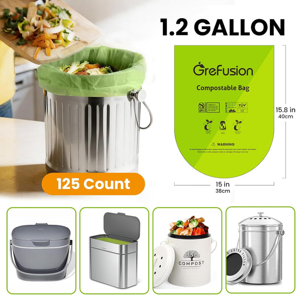 Compostable Bags for Kitchen Compost Bin, 1.2 Gallon, 125 Count, Certified by BPI and ASTM, Leakproof and Odor Control